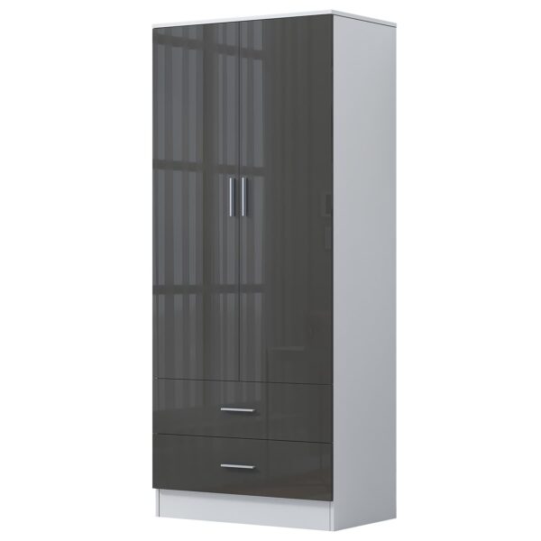 Reflect 2 Door 2 Drawer Combi Plain Wardrobe - Grey Gloss & Matt White - Hanging Rails, Drawers & Shelf - H: 180cm x W: 76cm - Image 4