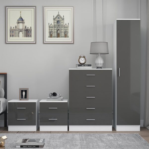 Reflect 1 Door Plain Wardrobe, 5 Drawer Chest, 2x 2 Drawer Bedsides - Grey Gloss & Matt White - Modern Bedroom Furniture Set - Image 4