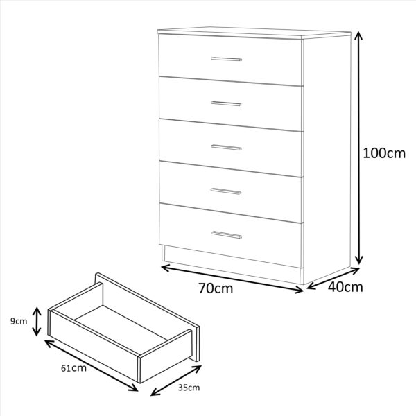 Reflect 1 Door Plain Wardrobe, 5 Drawer Chest, 2 Drawer Bedside & Desk - Black Gloss & Black Oak - Bedroom Furniture Set - Image 8