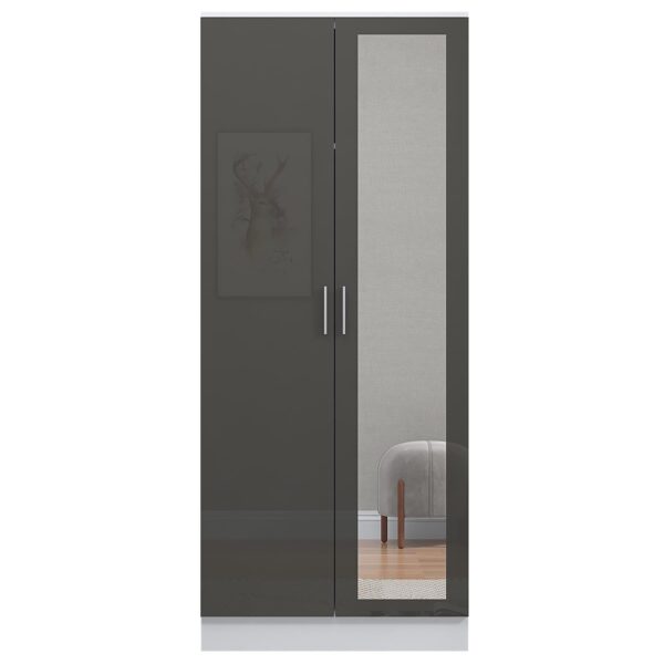 Reflect 2 Door Mirrored Wardrobe - Grey Gloss & Matt White - Hanging Rails & Shelves - H: 180cm x W: 76cm - Modern Sleek Design - Image 7