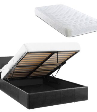LUNA 3FT Single Black Ottoman Storage Bed with Gas Lift & 17cm Spring Mattress - Faux Leather - L: 203cm x W: 108cm x H: 88.5cm