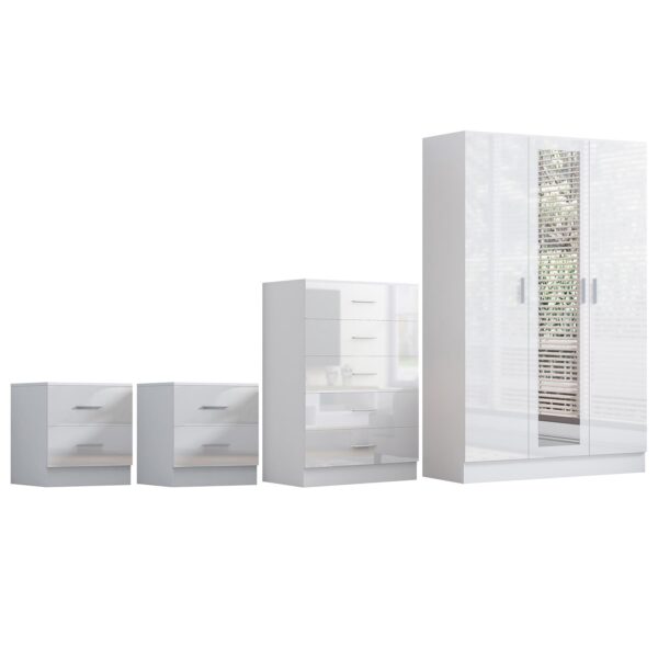 REFLECT Gloss 4pc Set - 3 Door Mirrored Wardrobe + 5 Draw Chest + 2 Bedsides - Image 39