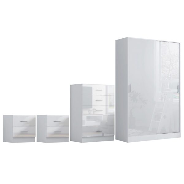 Reflect 2 Door Sliding Wardrobe, 5 Drawer Chest, 2x 2 Drawer Bedsides - White Gloss & Matt White - Modern Bedroom Furniture Set - Image 5