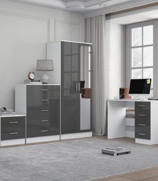 Reflect 2 Door Mirror Wardrobe, 5 Drawer Chest, 2 Drawer Bedside & Desk - Grey Gloss & Matt White - Modern Bedroom Furniture Set