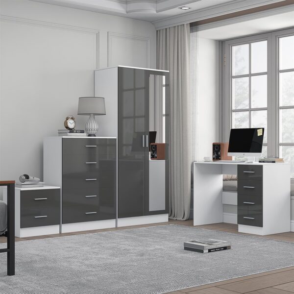 Reflect 2 Door Mirror Wardrobe, 5 Drawer Chest, 2 Drawer Bedside & Desk - Grey Gloss & Matt White - Modern Bedroom Furniture Set