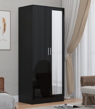 Reflect 2 Door Mirrored Wardrobe - Black Gloss & Black Oak - Hanging Rails & Shelves - H: 180cm x W: 76cm - Modern Sleek Design