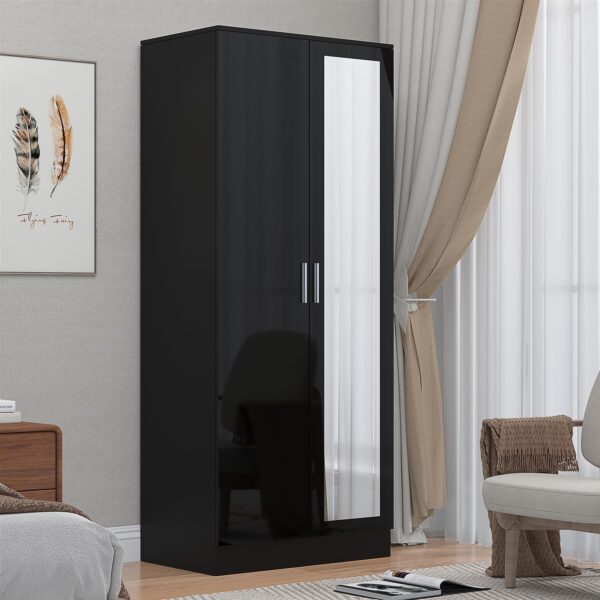 Reflect 2 Door Mirrored Wardrobe - Black Gloss & Black Oak - Hanging Rails & Shelves - H: 180cm x W: 76cm - Modern Sleek Design