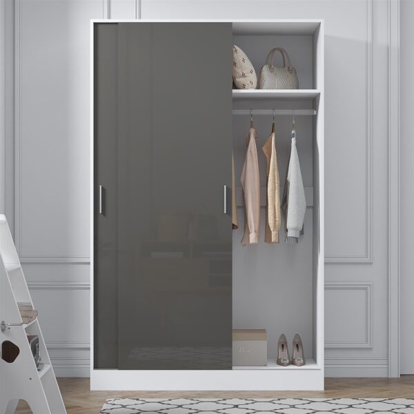Reflect 2 Door Sliding Wardrobe - Grey Gloss & Matt White - Hanging Rails & Shelves - H:180cm x W: 120cm x D: 58cm - Modern Design - Image 4