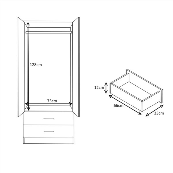 Reflect 2 Door 2 Drawer Combi Plain Wardrobe - Grey Gloss & Matt White - Hanging Rails, Drawers & Shelf - H: 180cm x W: 76cm - Image 9