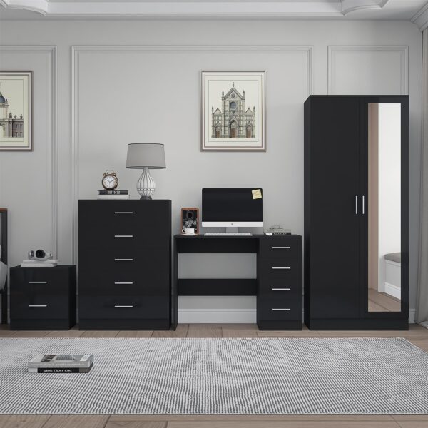 Reflect 2 Door Mirror Wardrobe, 5 Drawer Chest, 2 Drawer Bedside & Desk - Black Gloss & Black Oak - Modern Bedroom Furniture Set - Image 3