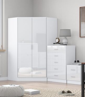 Reflect 2 Door Corner Wardrobe, 5 Drawer Chest, 2 Drawer Bedside - White Gloss & Matt White - Bedroom Furniture Set