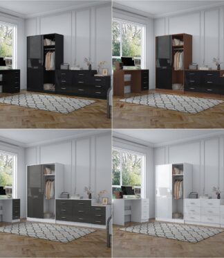 REFLECT Gloss 4pc Set - 2 Door Sliding Wardrobe + Wide Chest + Bedside + Desk.