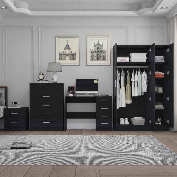 REFLECT Gloss 4pc Set - 3 Door Mirrored Wardrobe + 5 Draw Chest + Bedside + Desk - Image 26