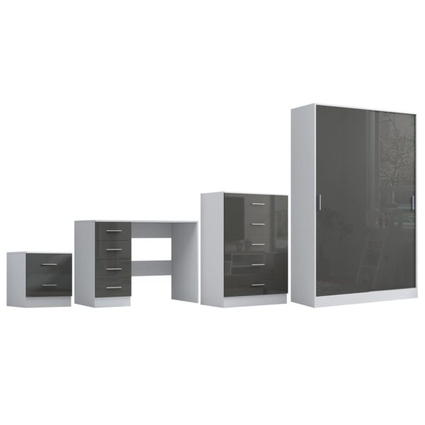 Reflect 2 Door Sliding Wardrobe, 5 Drawer Chest, 2 Drawer Bedside & Desk - Grey Gloss & Matt White - Modern Bedroom Furniture Set - Image 5