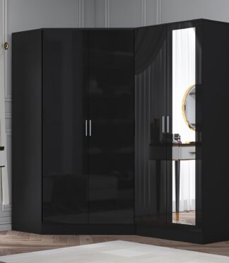 Reflect 2pc Wardrobe Bundle - 2 Door Corner + 2 Door Mirror - Black Gloss & Black Oak - H: 180cm x W: 179cm x D: 103cm