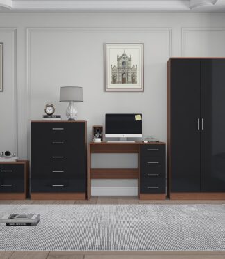 Reflect 2 Door Plain Wardrobe, 5 Drawer Chest, 2 Drawer Bedside & Desk - Black Gloss & Walnut - Modern Bedroom Furniture Set