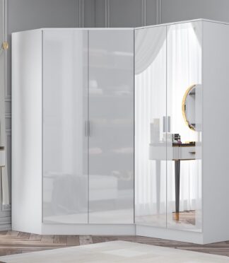 Reflect 2pc Wardrobe Bundle - 2 Door Corner + 2 Door Mirror - White Gloss & Matt White - H: 180cm x W: 179cm x D: 103cm