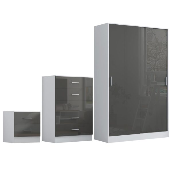 Reflect 2 Door Sliding Wardrobe, 5 Drawer Chest, 2 Drawer Bedside - Grey Gloss & Matt White - Modern Bedroom Furniture Set - Image 5