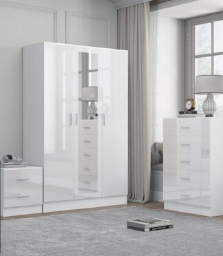 Reflect 3 Door Mirror Wardrobe, 5 Drawer Chest, 2 Drawer Bedside - White Gloss & Matt White - Modern Bedroom Furniture Set