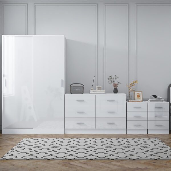 Reflect 2 Door Sliding Wardrobe, 6 Draw Wide Chest, 2x3 Drawer Bedsides - White Gloss & Matt White - Modern Bedroom Furniture Set - Image 4