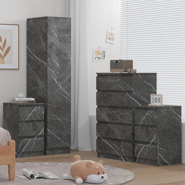 ZITA 4pc Set - 1 Door Wardrobe + Tall Chest + 2 Bedsides in White OR Grey Marble - Image 2