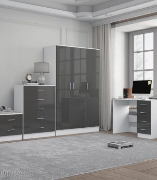 Reflect 3 Door Plain Wardrobe, 5 Drawer Chest, 2 Drawer Bedside & Desk - Grey Gloss & Matt White - Modern Bedroom Furniture Set
