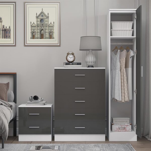 Reflect 1 Door Plain Wardrobe, 5 Drawer Chest, 2 Drawer Bedside - Grey Gloss & Matt White - Bedroom Furniture Set - Image 4