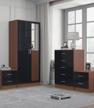 Reflect 2 Door Mirror Wardrobe, 5 Drawer Chest, 2x 2 Drawer Bedsides - Black Gloss & Walnut - Modern Bedroom Furniture Set