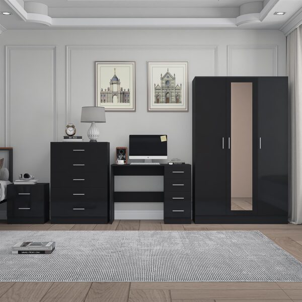 REFLECT Gloss 4pc Set - 3 Door Mirrored Wardrobe + 5 Draw Chest + Bedside + Desk - Image 25