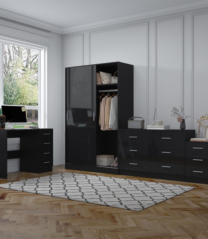 REFLECT Gloss 4pc Set - 2 Door Sliding Wardrobe + Wide Chest + Bedside + Desk.