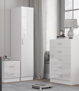 Reflect 1 Door Plain Wardrobe, 5 Drawer Chest, 2 Drawer Bedside - White Gloss & Matt White - Bedroom Furniture Set