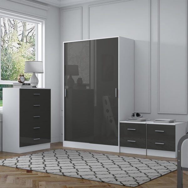 Reflect 2 Door Sliding Wardrobe, 5 Drawer Chest, 2x 2 Drawer Bedsides - Grey Gloss & Matt White - Modern Bedroom Furniture Set - Image 2