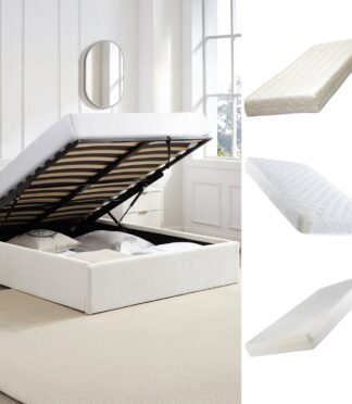 TEDDY Boucle Gas Lift Ottoman Storage Bed in White with 4 Size + Mattress Option