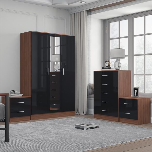REFLECT Gloss 4pc Set - 3 Door Mirrored Wardrobe + 5 Draw Chest + 2 Bedsides - Image 15