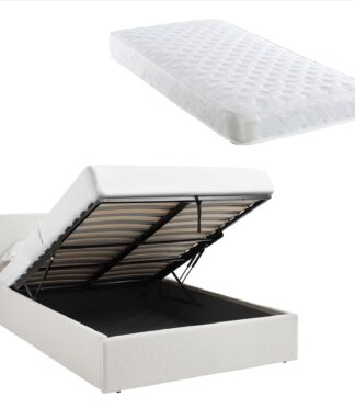 TEDDY BOUCLE 4FT6 Double White Ottoman Storage Bed Gas Lift Up - (L) 203cm x (W) 153cm with Bonnell Spring Mattress