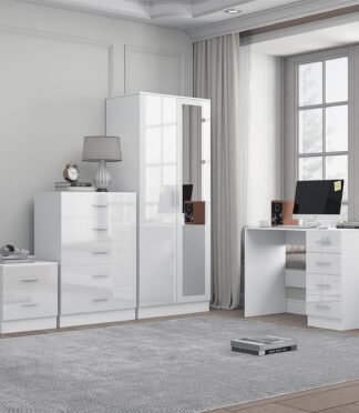 Reflect 2 Door Mirror Wardrobe, 5 Drawer Chest, 2 Drawer Bedside & Desk - White Gloss & Matt White - Modern Bedroom Furniture Set