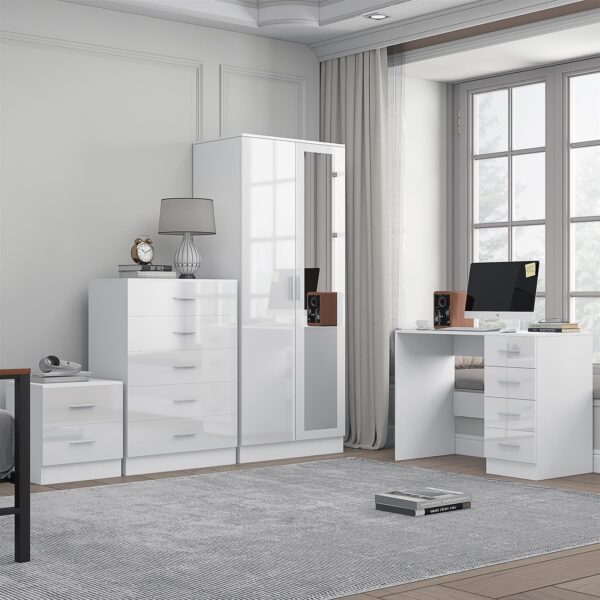 Reflect 2 Door Mirror Wardrobe, 5 Drawer Chest, 2 Drawer Bedside & Desk - White Gloss & Matt White - Modern Bedroom Furniture Set