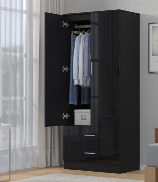 Reflect 2 Door 2 Drawer Combi Plain Wardrobe - Black Gloss & Black Oak - Hanging Rails, Drawers & Shelf - H: 180cm x W: 76cm