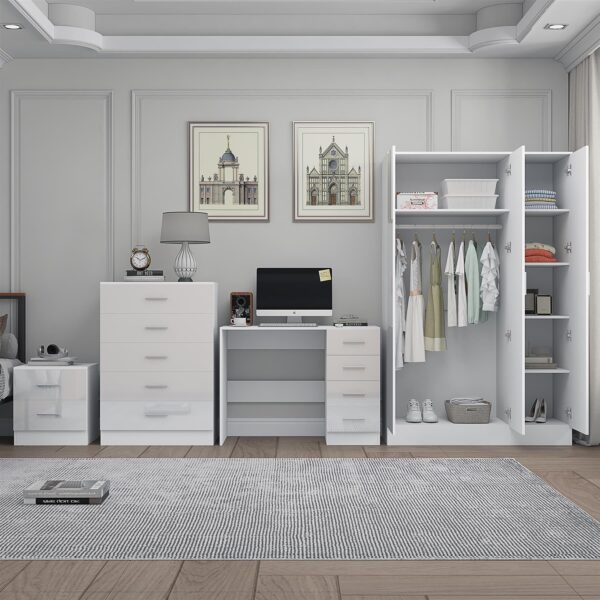 Reflect 3 Door Mirror Wardrobe, 5 Drawer Chest, 2 Drawer Bedside & Desk - White Gloss & Matt White - Modern Bedroom Furniture Set - Image 4