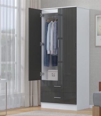 Reflect 2 Door 2 Drawer Combi Plain Wardrobe - Grey Gloss & Matt White - Hanging Rails, Drawers & Shelf - H: 180cm x W: 76cm