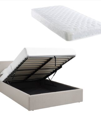 TEDDY BOUCLE 4FT6 Double Beige Ottoman Storage Bed Gas Lift Up - (L) 203cm x (W) 153cm with Bonnell Spring Mattress