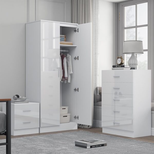 Reflect 2 Door Mirror Wardrobe, 5 Drawer Chest, 2 Drawer Bedside - White Gloss & Matt White - Modern Bedroom Furniture Set - Image 2