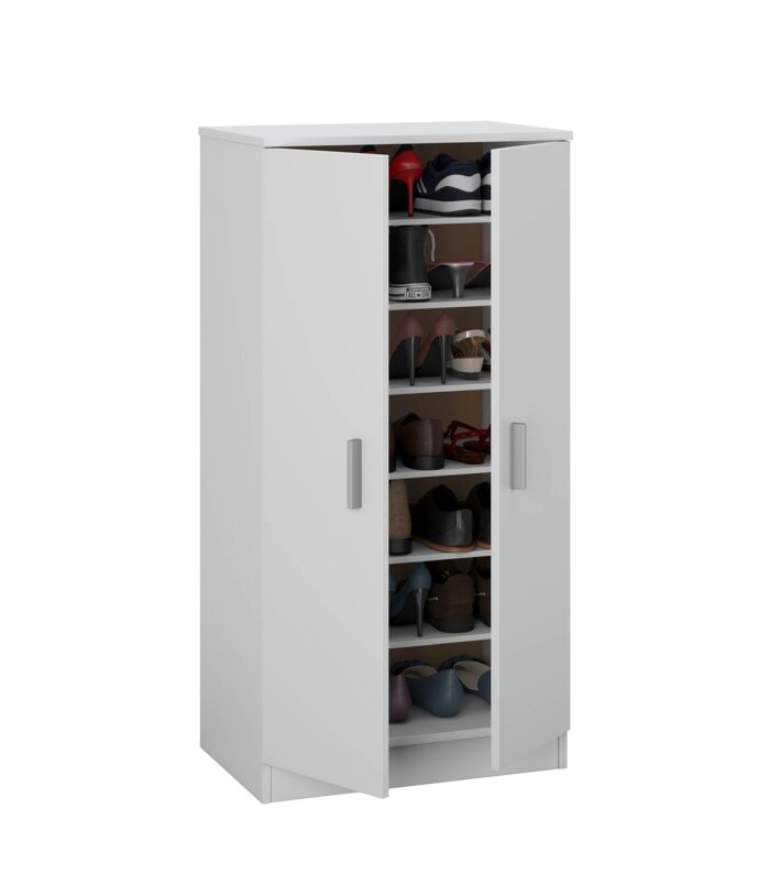 BELLINI White 2 Door Shoe Storage Cabinet - 6 Shelves Holds 20 Pairs - Space-Saving Design - H: 108cm x W: 55cm x D: 36cm.