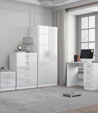 Reflect 2 Door Plain Wardrobe, 5 Drawer Chest, 2 Drawer Bedside & Desk - White Gloss & Matt White - Modern Bedroom Furniture Set
