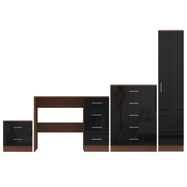 Reflect 1 Door Plain Wardrobe, 5 Drawer Chest, 2 Drawer Bedside & Desk - Black Gloss & Walnut - Bedroom Furniture Set - Image 11