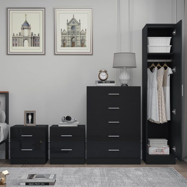 Reflect 1 Door Plain Wardrobe, 5 Drawer Chest, 2x 2 Drawer Bedsides - Black Gloss & Black Oak - Modern Bedroom Furniture Set - Image 3