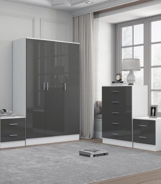 Reflect 3 Door Plain Wardrobe, 5 Drawer Chest, 2x 2 Drawer Bedsides - Grey Gloss & Matt White - Modern Bedroom Furniture Set