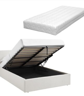 TEDDY BOUCLE 4FT6 Double White Ottoman Storage Bed Gas Lift Up - (L) 203cm x (W) 153cm with Memory Foam & Spring Mattress