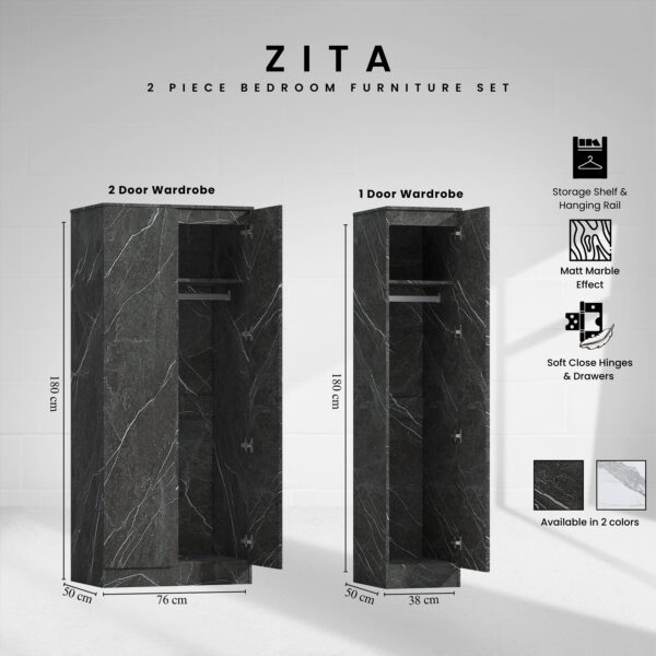 ZITA Grey Marble Effect 2 Piece Wardrobe Set - 2 Door and 1 Door, Spacious Bedroom Storage Solutions.