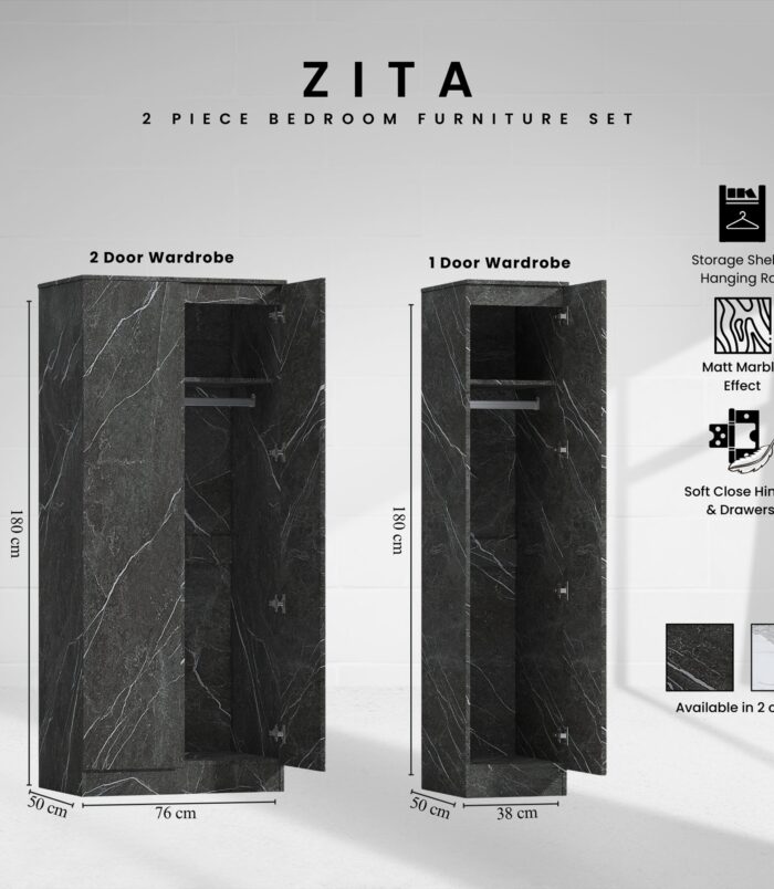 ZITA Grey Marble Effect 2 Piece Wardrobe Set - 2 Door and 1 Door, Spacious Bedroom Storage Solutions.
